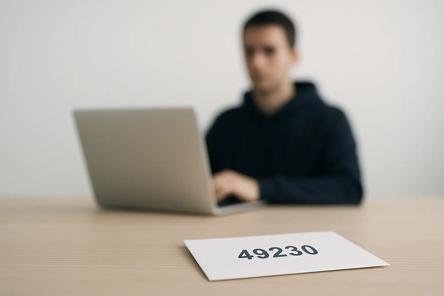 Moderner Chiffre-Service mit Briefumschlag und Laptop, unscharfe Person im Hintergrund für Anonymität und Diskretion Moderner Chiffre-Service mit Briefumschlag und Laptop, unscharfe Person im Hintergrund für Anonymität und Diskretion