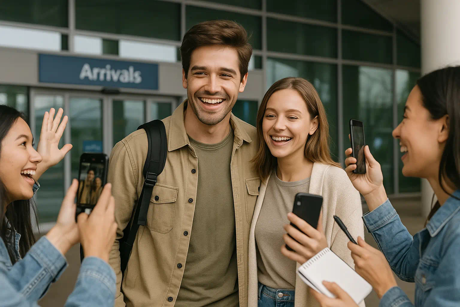 Junges Paar kommt am Flughafen an und wird von aufgeregten Fans begrüßt, die Fotos machen – Symbol für gemietetes Publikum und Promi-Atmosphäre. Junges Paar kommt am Flughafen an und wird von aufgeregten Fans begrüßt, die Fotos machen – Symbol für Publikum mieten und echte Fans kaufen.