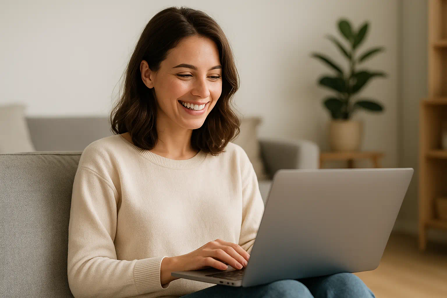 Glückliche Frau sitzt entspannt im Wohnzimmer vor ihrem Laptop – Symbolbild für anonym inserieren und registrieren mit Chiffre-Service Glückliche Frau sitzt entspannt im Wohnzimmer vor ihrem Laptop – Symbolbild für anonym inserieren und registrieren mit Chiffre-Service