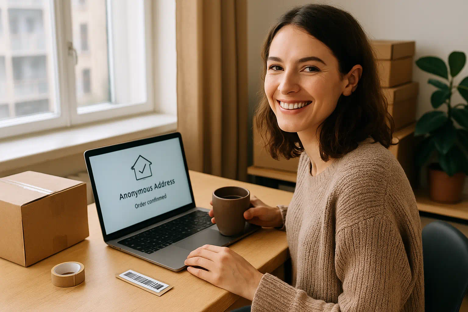 Onlinehändlerin lächelt zufrieden über ihren Onlineshop – dank gemieteter, anonymer Adresse für Sicherheit und Professionalität Onlinehändlerin lächelt zufrieden über ihren Onlineshop – dank gemieteter, anonymer Adresse für Sicherheit und Professionalität