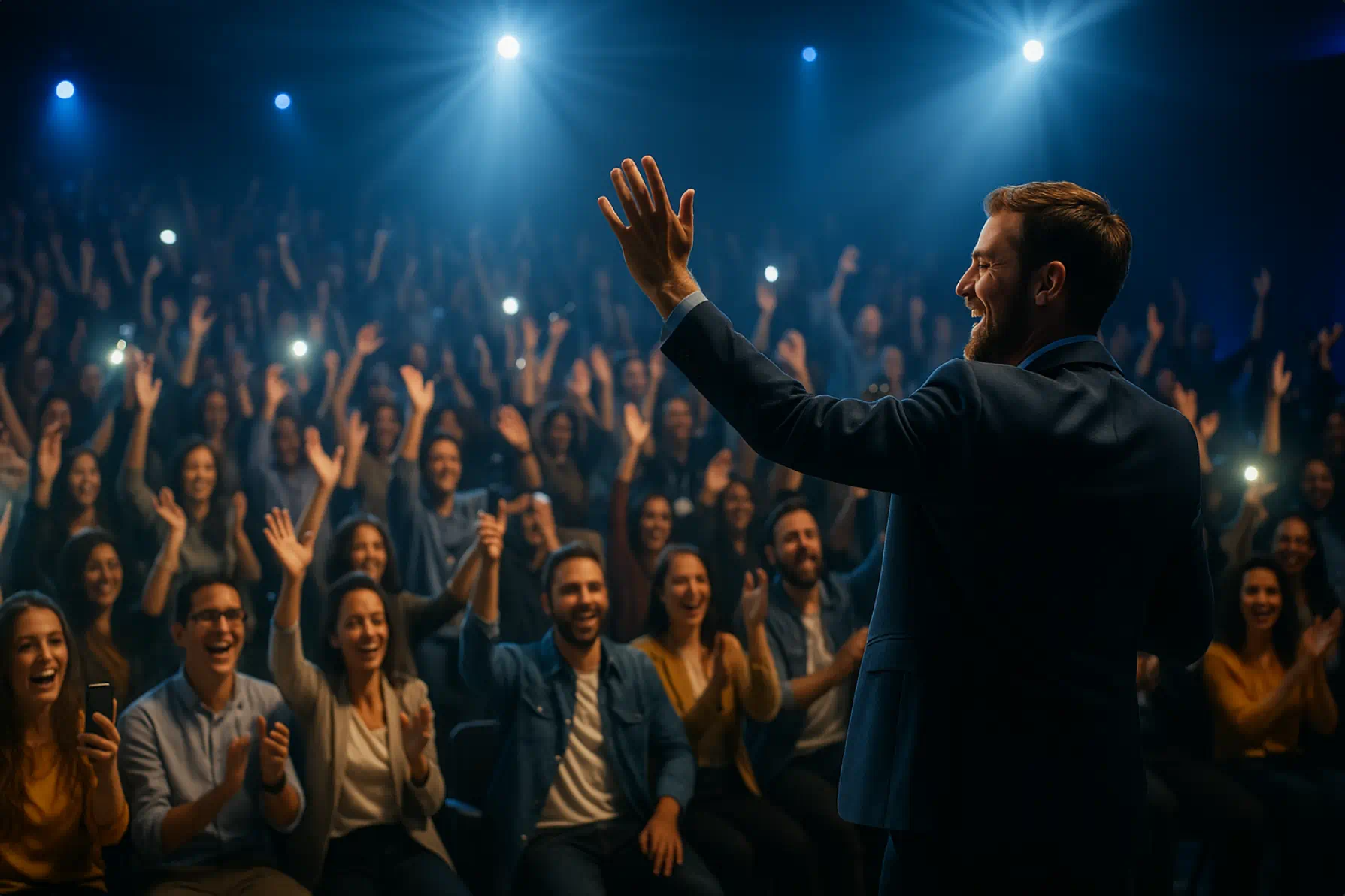 Großes Live-Event mit Redner auf Bühne, 40–50 Personen Publikum applaudieren, lachen und filmen mit Smartphones – Symbol für Publikum mieten. Großes Live-Event mit Redner auf Bühne, 40–50 Personen Publikum applaudieren, lachen und filmen mit Smartphones – Symbol für Publikum mieten.