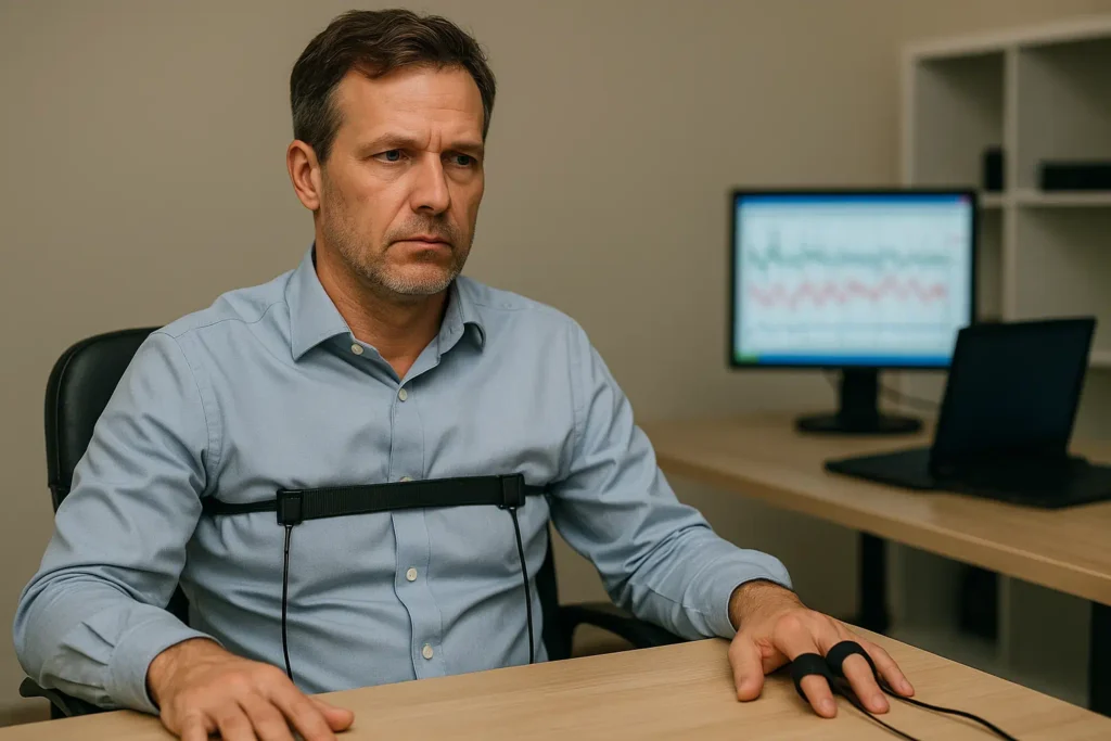 Einen Lügendetektortest bestehen: Mann sitzt ernst bei einem Lügendetektortest, mit Sensoren und Brustgurt, im Hintergrund ein Monitor mit polygraphischen Kurven.