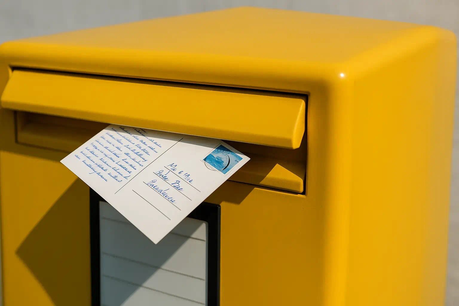 Handgeschriebene Postkarte steckt im gelben Briefkasten – Symbol für echte Alibi Postkarten mit weltweitem Versand Handgeschriebene Postkarte steckt im gelben Briefkasten – Symbol für echte Alibi Postkarten mit weltweitem Versand