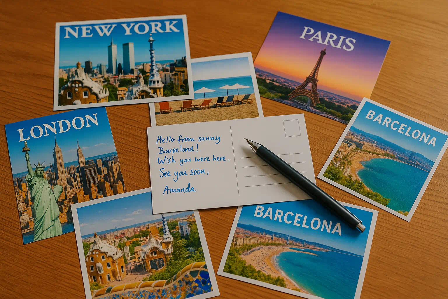 Verschiedene bunte Postkarten aus Metropolen und Urlaubsregionen liegen auf einem Tisch, eine Karte halb beschrieben – Symbol für weltweite Alibi Postkarten Verschiedene bunte Postkarten aus Metropolen und Urlaubsregionen liegen auf einem Tisch, eine Karte halb beschrieben – Symbol für weltweite Alibi Postkarten