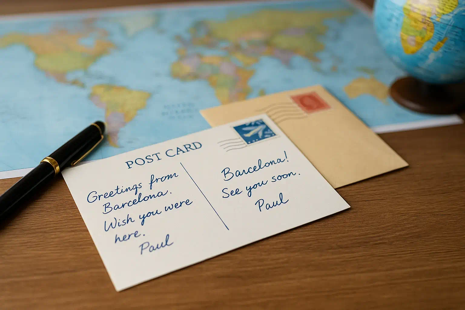 Handgeschriebene Postkarte mit Weltkarte und Globus im Hintergrund – Symbol für weltweiten Versand durch die Alibiagentur Handgeschriebene Postkarte mit Weltkarte und Globus im Hintergrund – Symbol für weltweiten Versand durch die Alibiagentur