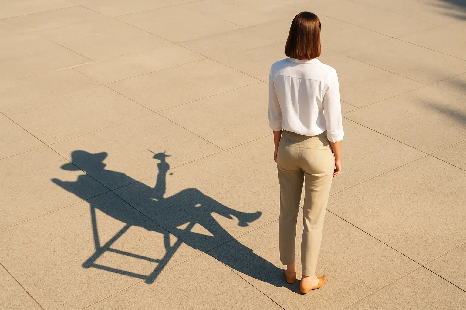 Frau im Sonnenlicht, deren Schatten ein entspanntes Leben im Liegestuhl mit Cocktail zeigt – Symbol für ein geheimes Doppelleben Frau im Sonnenlicht, deren Schatten ein entspanntes Leben im Liegestuhl mit Cocktail zeigt – Symbol für ein geheimes Doppelleben