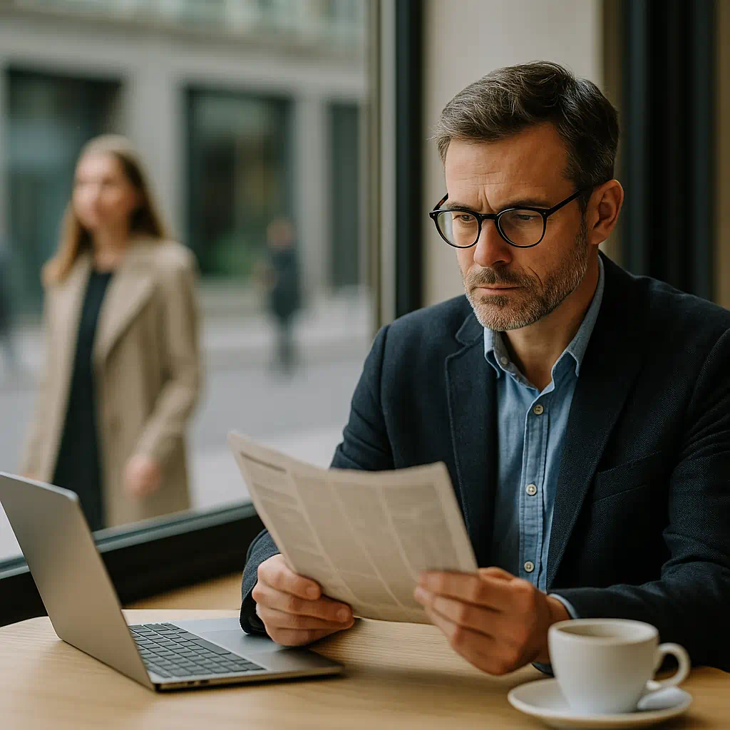 Detektiv liest Zeitung im Café, während im Hintergrund eine Zielperson vorbeigeht – Symbol für verdeckte Identität, Vorwand und Tarnung Detektiv liest Zeitung im Café, während im Hintergrund eine Zielperson vorbeigeht – Symbol für verdeckte Identität, Vorwand und Tarnung