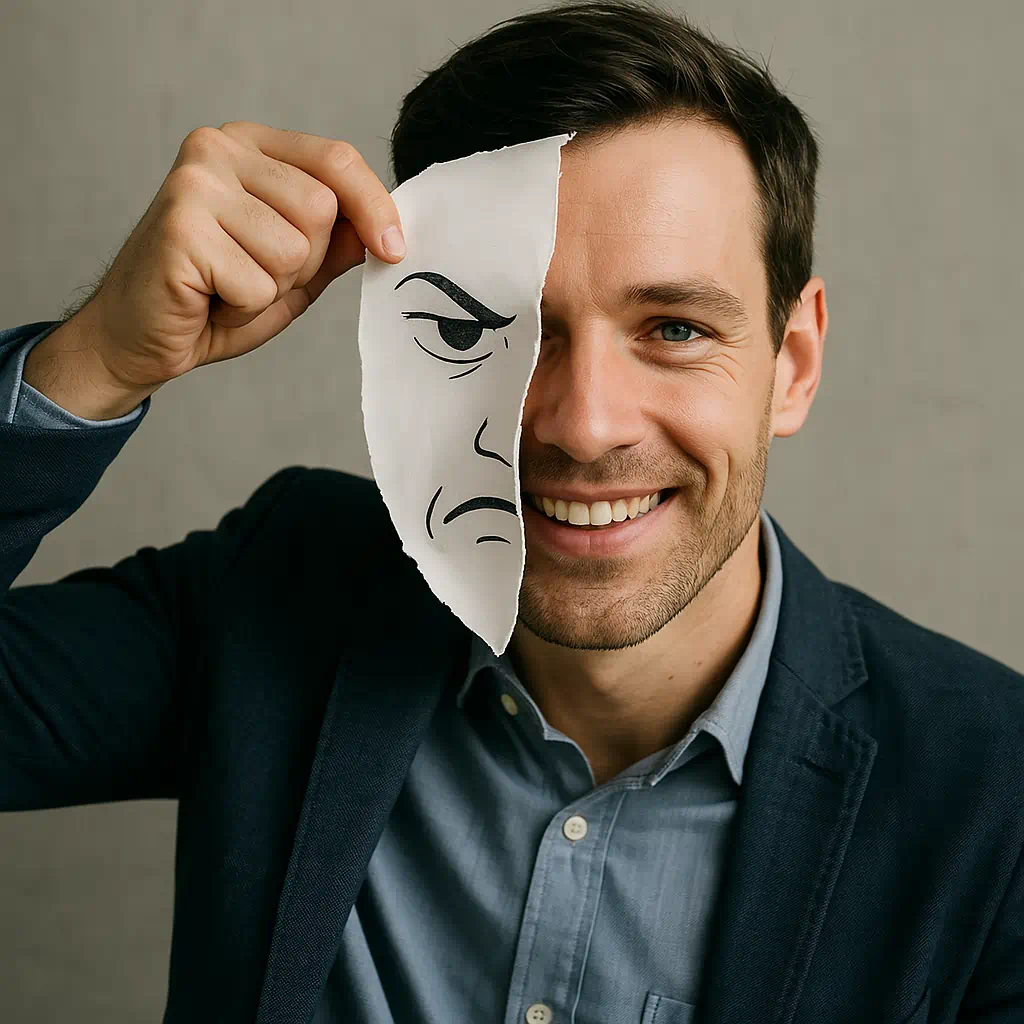 Mann reißt Maske vom Gesicht – Symbol für aufgedeckten Schwindel und enttarnte Betrüger Mann reißt Maske vom Gesicht – Symbol für aufgedeckten Schwindel und enttarnte Betrüger