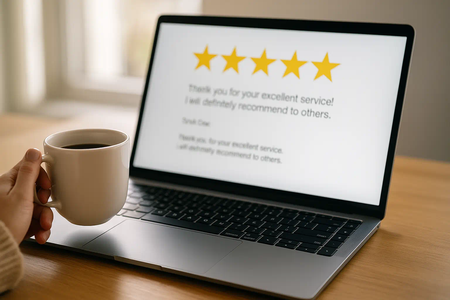 Laptop mit frisch abgegebener 5-Sterne-Bewertung und Hand mit Kaffeetasse – Symbol für echte, positive Bewertungen im Alltag Laptop mit frisch abgegebener 5-Sterne-Bewertung und Hand mit Kaffeetasse – Symbol für echte, positive Bewertungen im Alltag