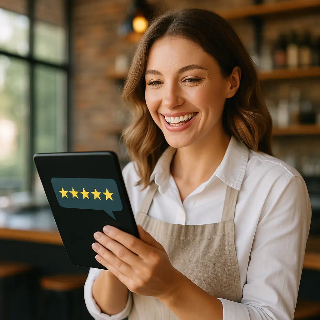 Unternehmerin hält Tablet mit 5-Sterne-Bewertung und lächelt zufrieden – Symbol für Freude und Erfolg durch positive Rezensionen und Bewertungen kaufen. Unternehmerin hält Tablet mit 5-Sterne-Bewertung und lächelt zufrieden – Symbol für Freude und Erfolg durch positive Rezensionen und Bewertungen kaufen.