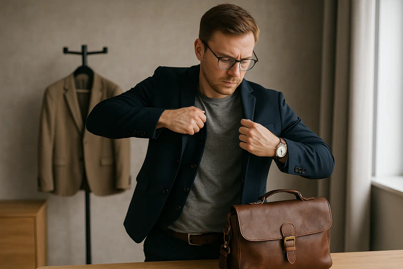Mann wechselt Jackett und Accessoires – Symbol für Scheinfunktion, verdeckte Rolle und Alias in der Alibiagentur Mann wechselt Jackett und Accessoires – Symbol für Scheinfunktion, verdeckte Rolle und Alias in der Alibiagentur
