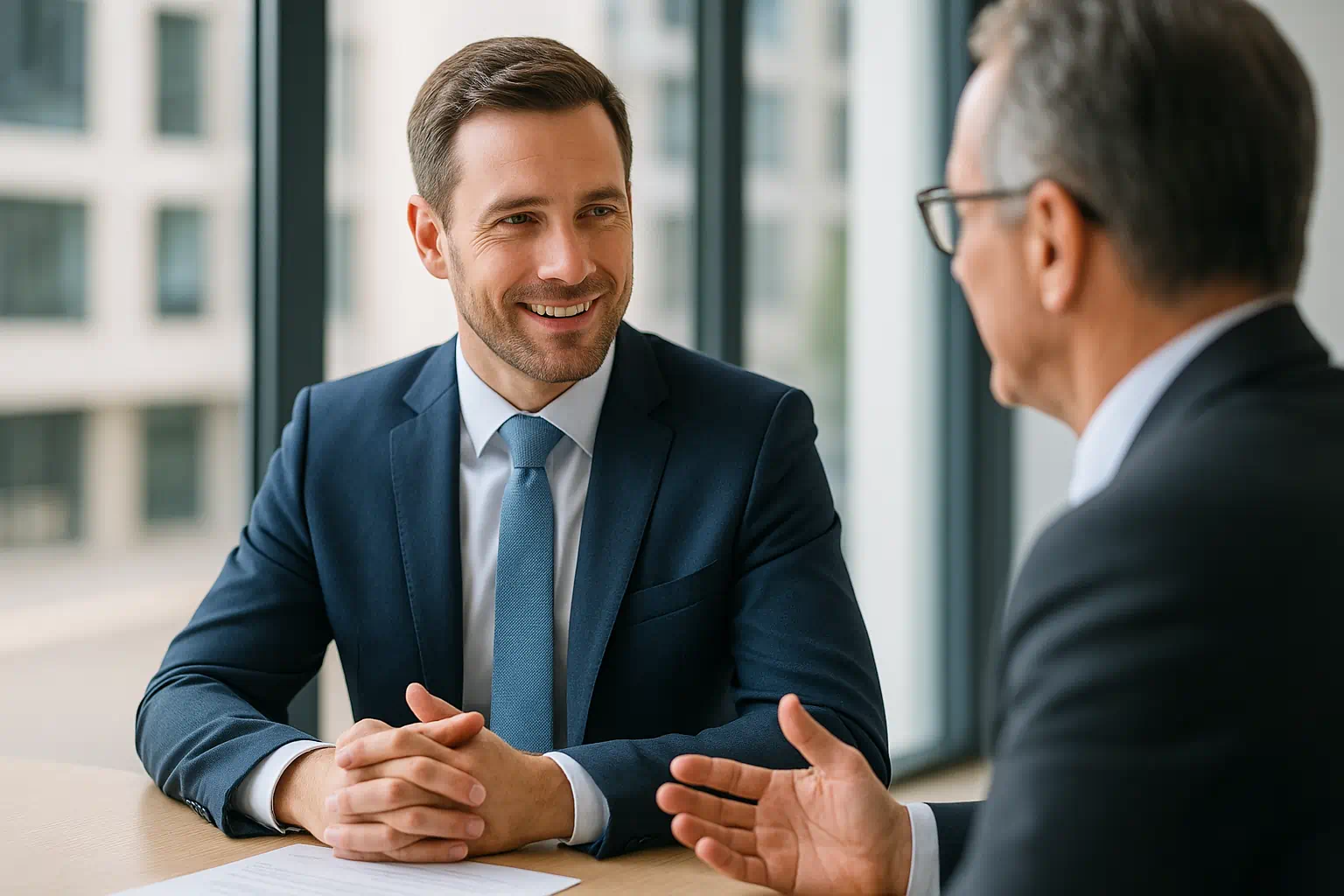 Zwei Männer im Business-Look bei einem Gespräch – Symbol für professionelle Schauspieler im Einsatz der Alibiagentur Zwei Männer im Business-Look bei einem Gespräch – Symbol für professionelle Schauspieler im Einsatz der Alibiagentur