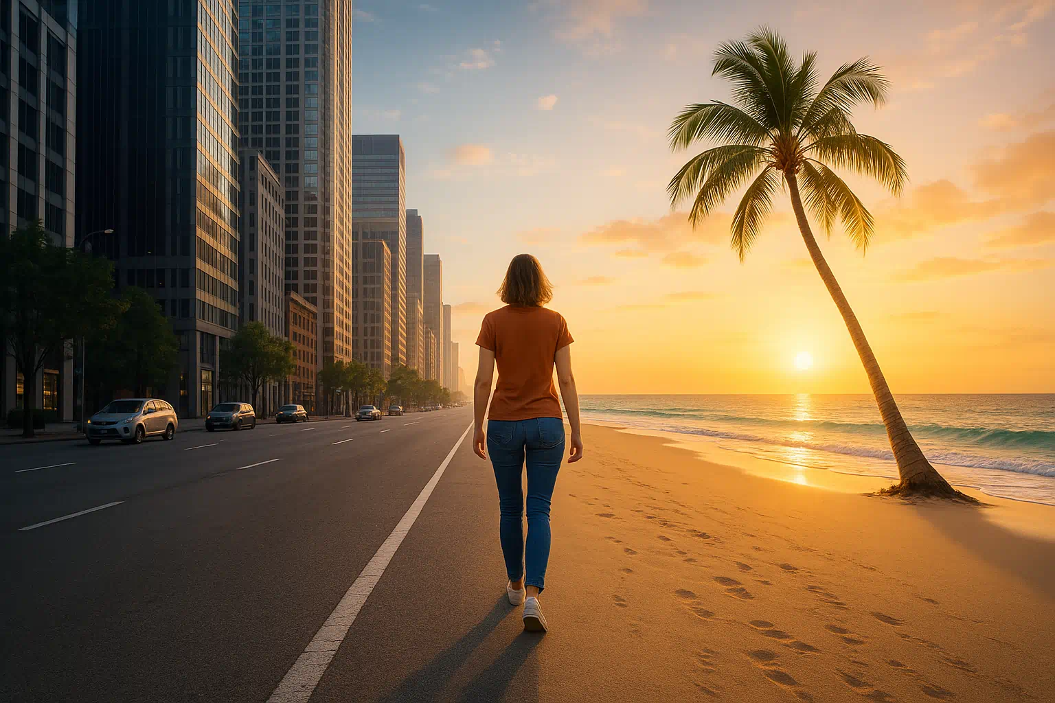 doppelleben-zwei-welten-mensch Person geht zwischen Großstadt und Strand als Symbol für ein geheimes Doppelleben.