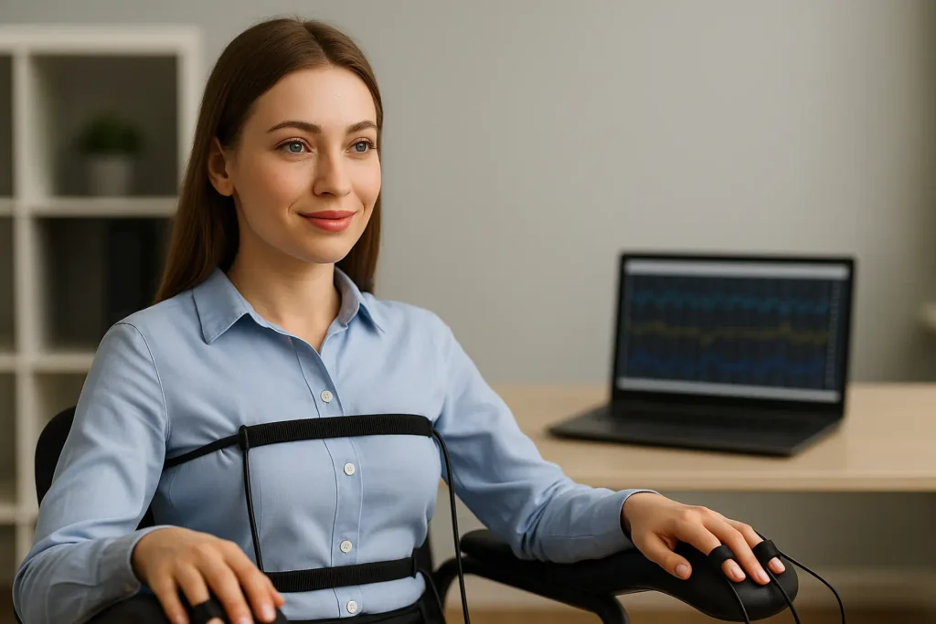 Junge Frau sitzt entspannt beim manipulierten Lügendetektortest, Sensoren an Fingern und Brustgurt, im Hintergrund ein Laptop mit Polygraph-Kurven.