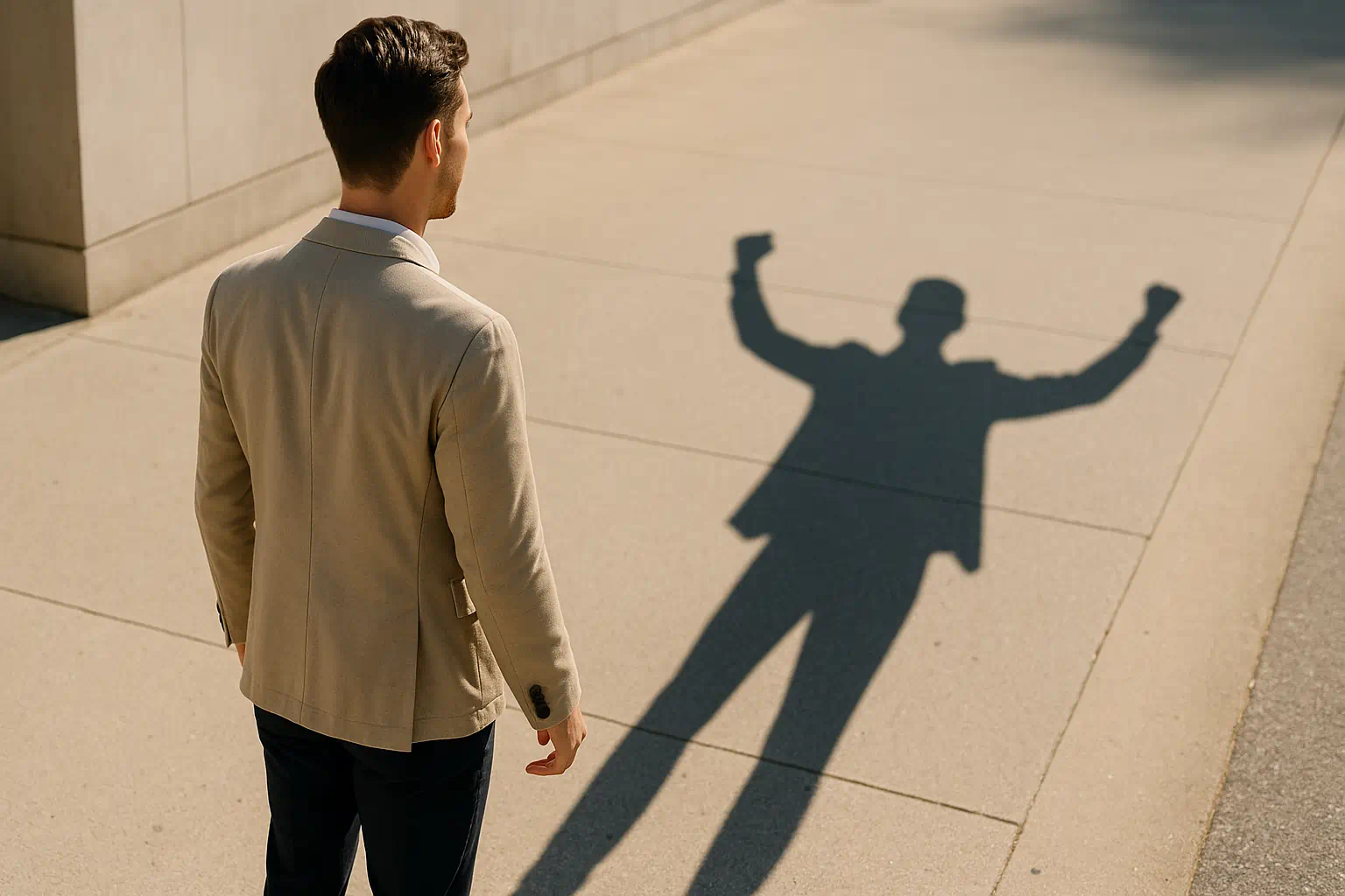 Mann steht im Sonnenlicht, sein Schatten zeigt triumphierende Pose – Symbol für verborgene Rachepläne und geheime Stärke