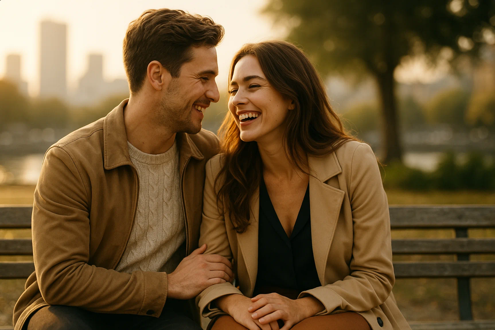 Glückliches Paar auf Parkbank im vertrauten Lächeln – Symbol für geheimes Abenteuer und Seitensprung Alibi Glückliches Paar auf Parkbank im vertrauten Lächeln – Symbol für geheimes Abenteuer und Seitensprung Alibi