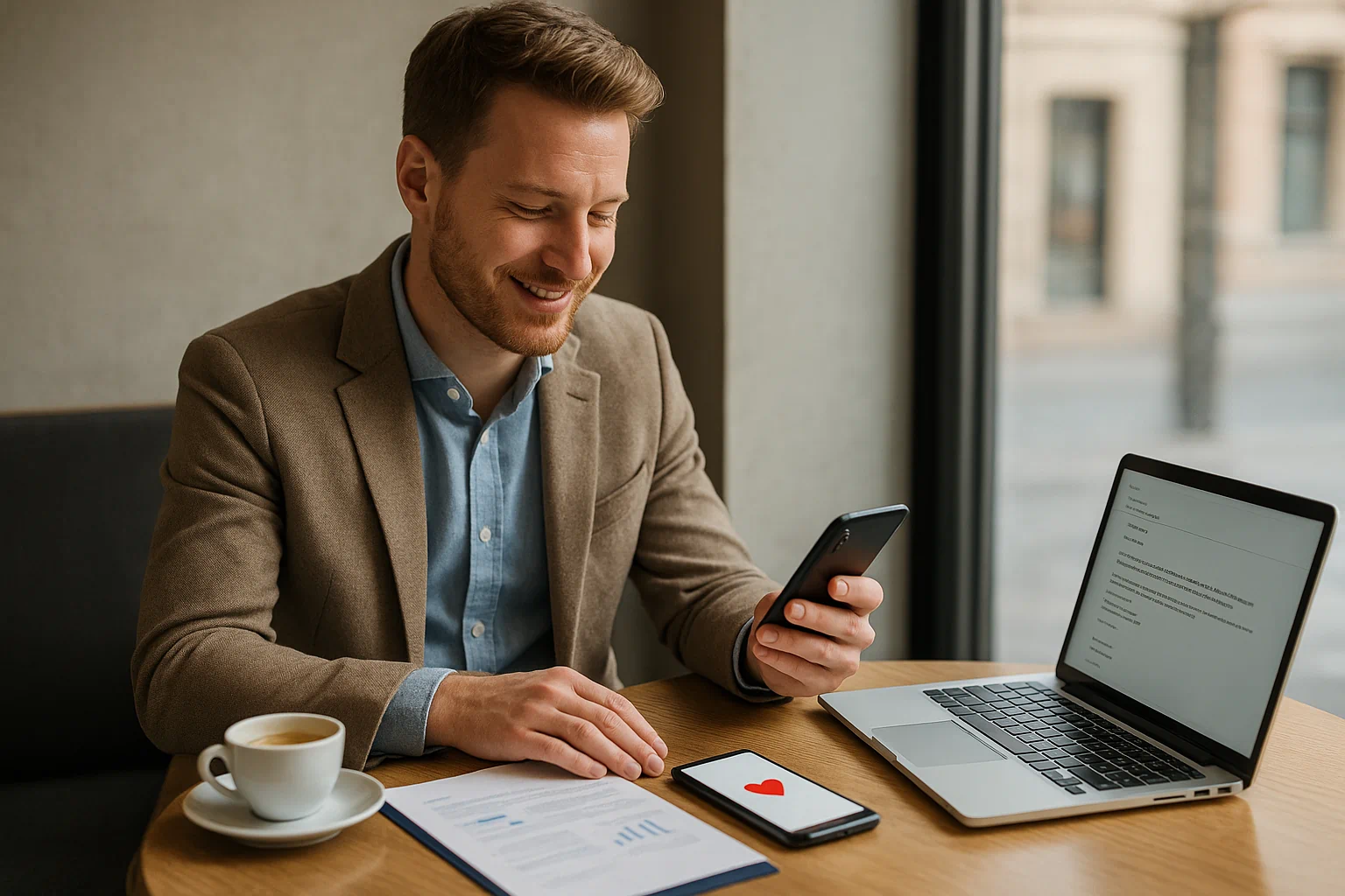 Mann im Café zwischen Laptop mit Geschäftspapieren und Smartphone mit Herzsymbol – Symbol für offizielles Leben und geheimes Abenteuer mit Seitensprung Alibi Mann im Café zwischen Laptop mit Geschäftspapieren und Smartphone mit Herzsymbol – Symbol für offizielles Leben und geheimes Abenteuer mit Seitensprung Alibi