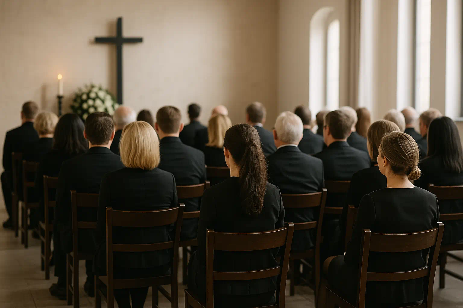 Schwarz gekleidete Trauergäste sitzen in Reihen in einer Kapelle – Symbol für eine würdige, gefüllte Trauerfeier Schwarz gekleidete Trauergäste sitzen in Reihen in einer Kapelle – Symbol für eine würdige, gefüllte Trauerfeier