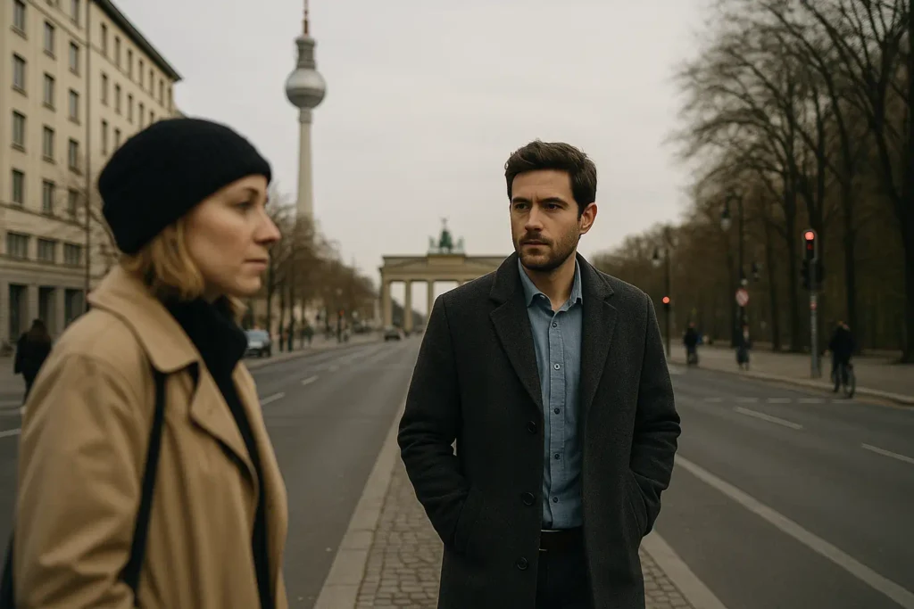 Zwei Mitarbeiter der Alibiagentur in Berlin mit dem berliner Funkturm im Hintergrund bei bewölktem Wetter.