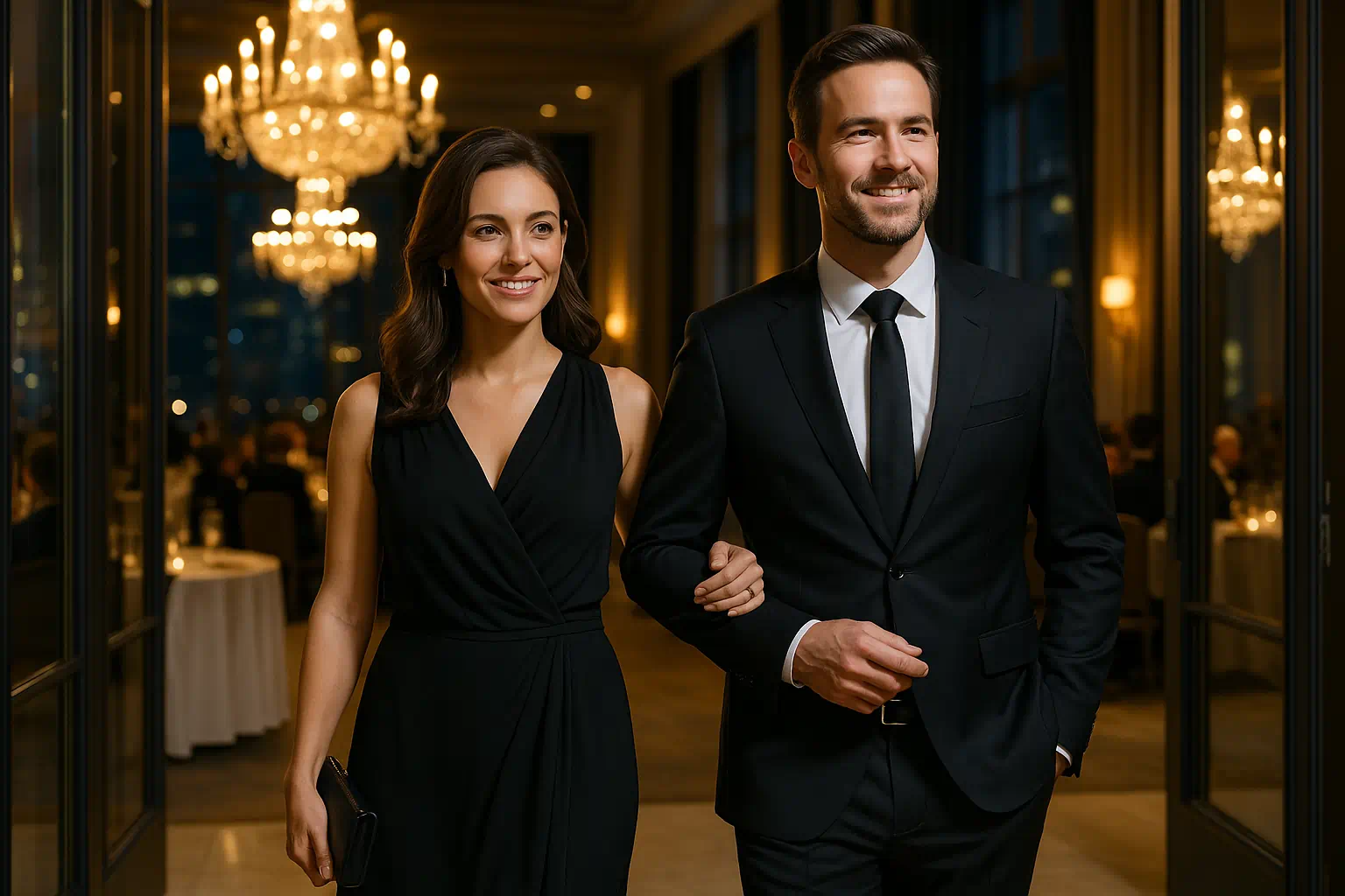 alibi-freundin-elegante-begleitung-event Stilvolles Paar betritt gemeinsam eine elegante Abendveranstaltung, symbolisiert glaubwürdige Präsenz mit einer Alibi Freundin.