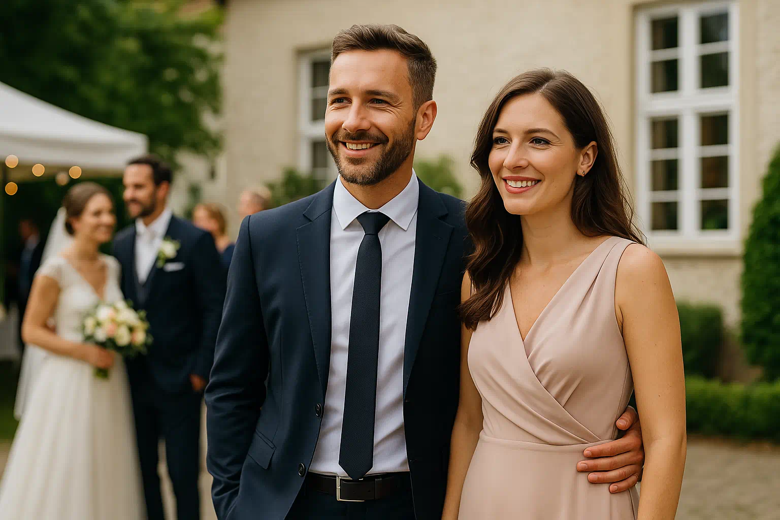 Elegant gekleidetes Paar auf einer Hochzeit, wirkt harmonisch und authentisch im Hintergrund als diskrete Alibi Begleitung. Elegant gekleidetes Paar auf einer Hochzeit, wirkt harmonisch und authentisch im Hintergrund als diskrete Alibi Freundin.