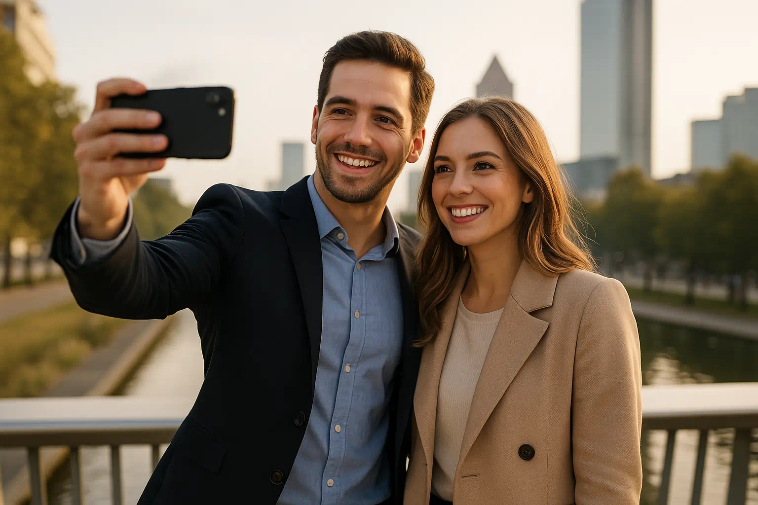 Junges Paar macht ein Selfie vor urbaner Skyline, stilvoll und glaubwürdig, symbolisiert Alibi Freundin als Social-Media-Begleitung. Junges Paar macht ein Selfie vor urbaner Skyline, stilvoll und glaubwürdig, symbolisiert Alibi Freundin als Social-Media-Begleitung.