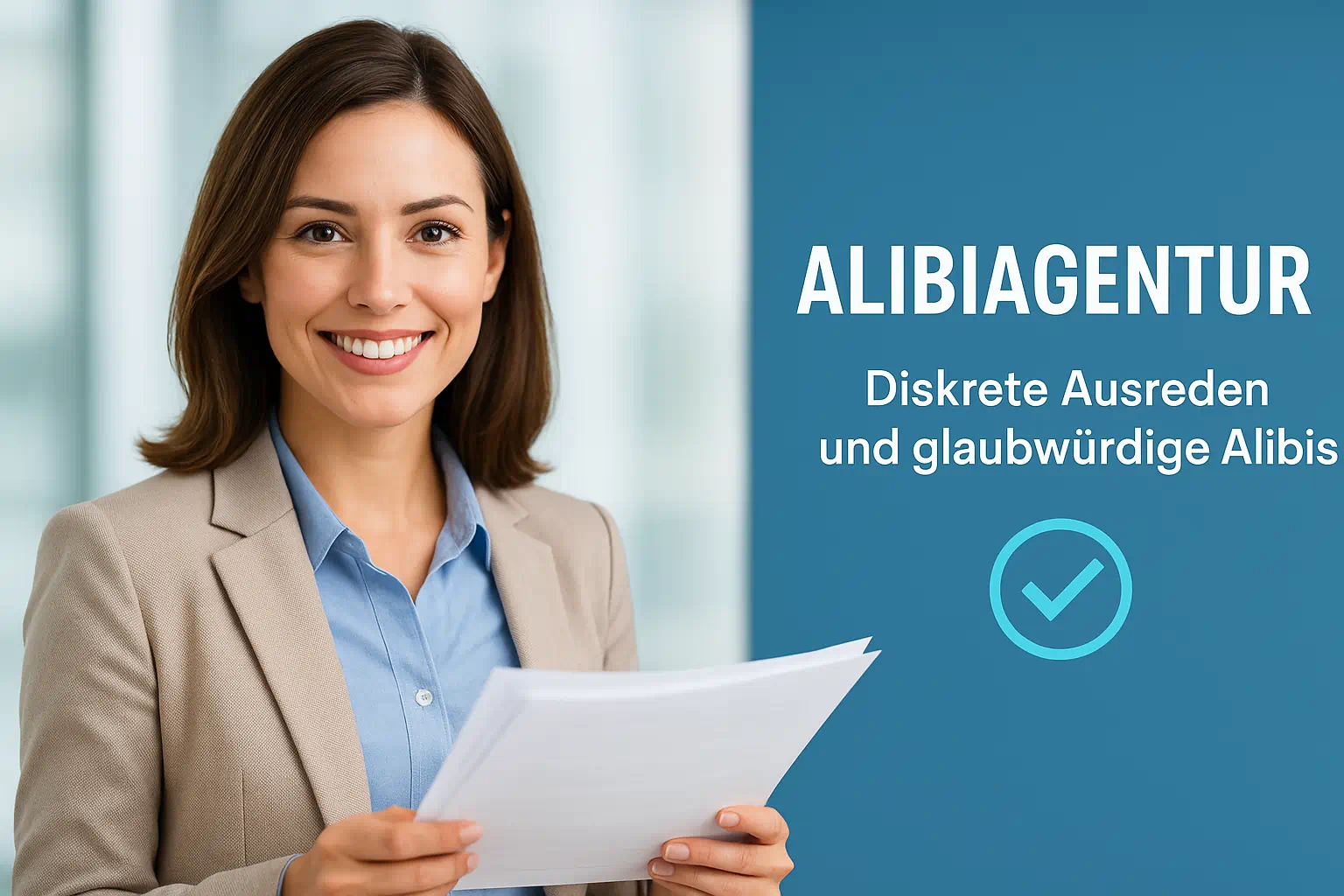 Freundliche Frau im Business-Outfit symbolisiert die Alibiagentur mit diskreten Ausreden und glaubwürdigen Alibis in modernem, professionellem Umfeld. Freundliche Frau im Business-Outfit symbolisiert die Alibiagentur mit diskreten Ausreden und glaubwürdigen Alibis in modernem, professionellem Umfeld.