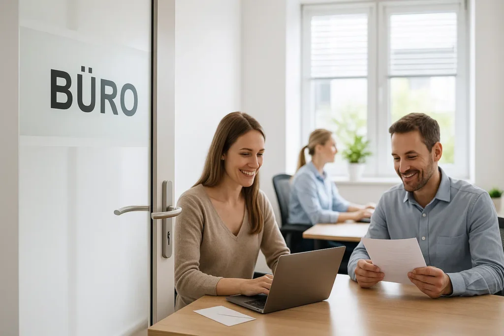 Helles Büro in Düsseldorf mit freundlichem Team bei der Arbeit – Symbol für die Alibiagentur Düsseldorf.