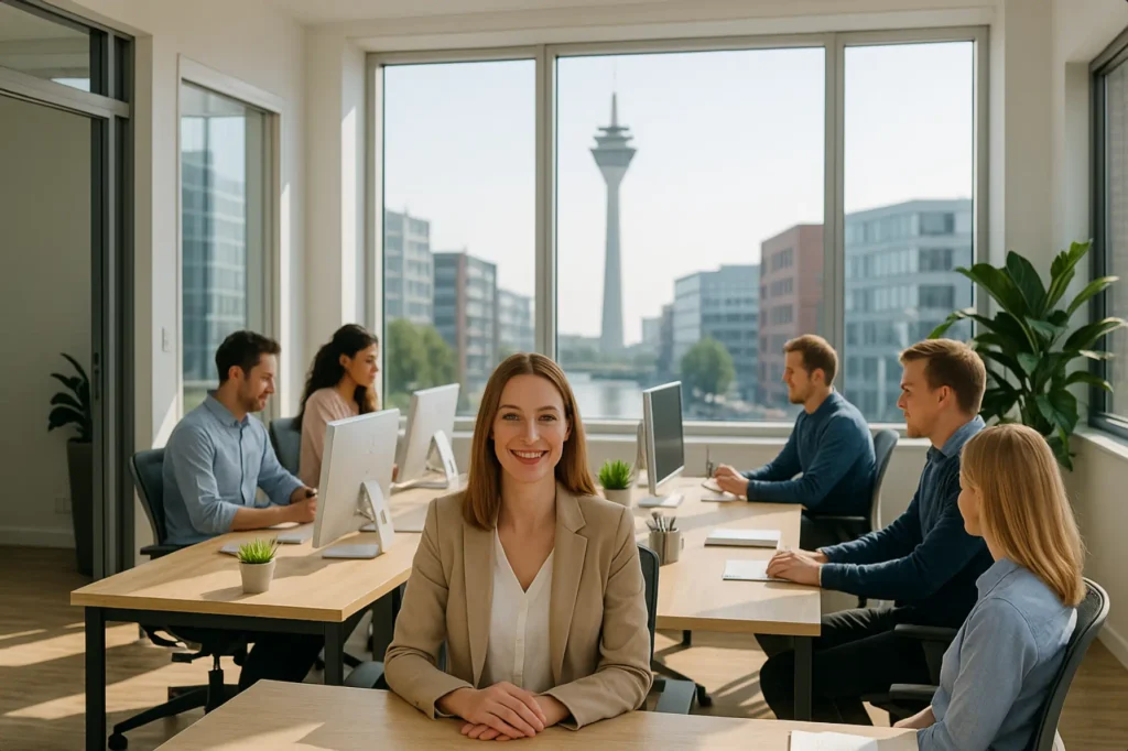 Helles Büro in Essen mit freundlichem Team bei der Arbeit – Symbol für die Alibiagentur Essen.