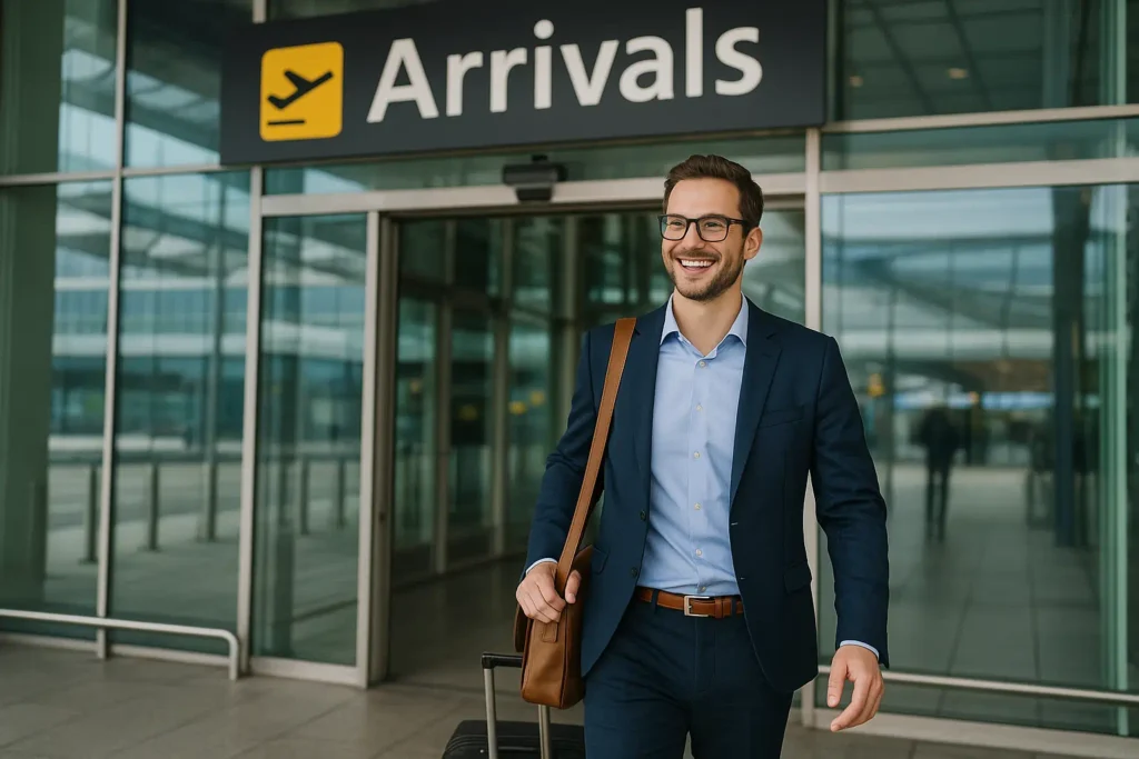 Glücklicher Geschäftsmann betritt den Flughafen Frankfurt mit Koffer und Tasche, symbolisiert internationale Alibis und diskrete Reisen.