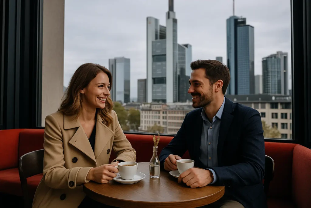 Stilvolles Paar sitzt in einem modernen Café in Frankfurt mit Skyline im Hintergrund und symbolisiert diskrete, glaubwürdige Alibis.