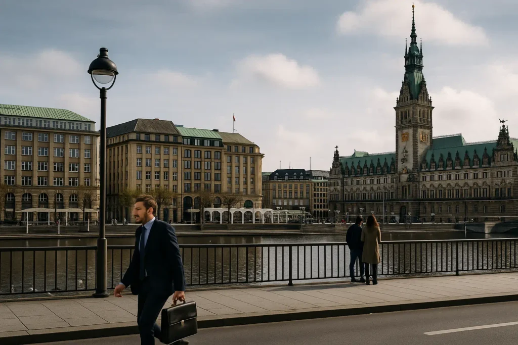 Fotorealistische Alltagsszene in Hamburg mit Rathaus und Binnenalster, symbolisiert Diskretion im urbanen Kontext.