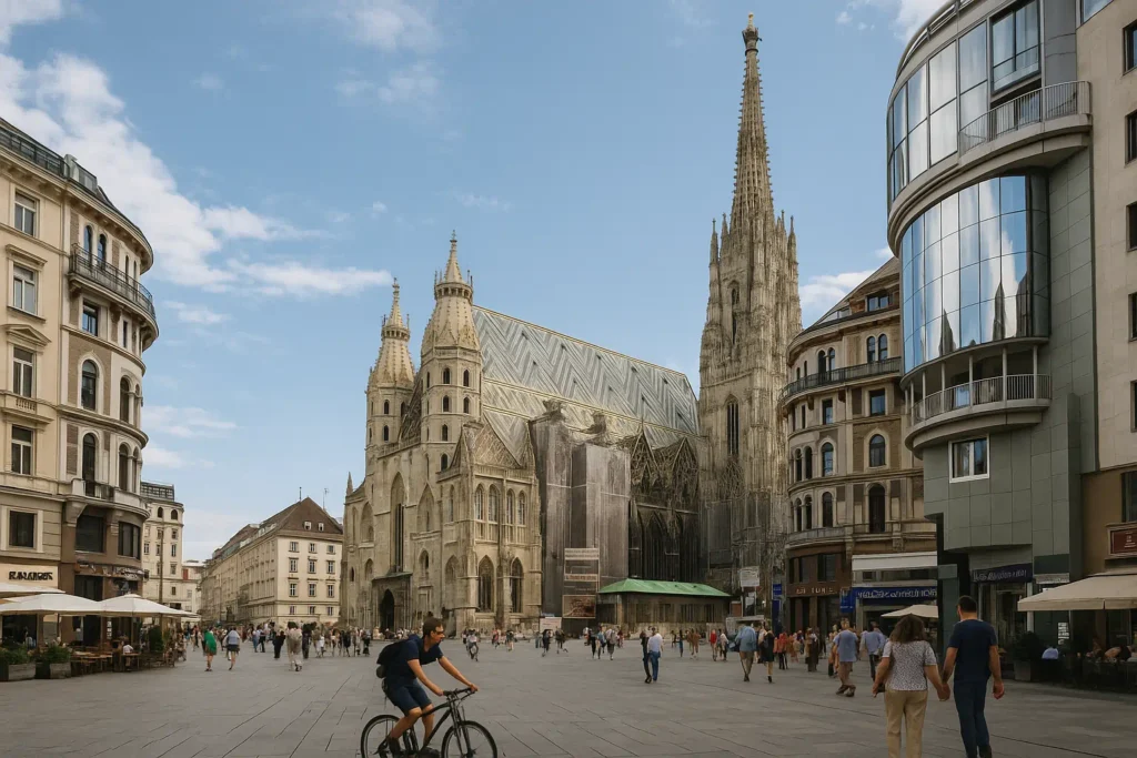 Szene in Wien mit dem Stephansdom und moderner Architektur, symbolisiert Diskretion und urbanes Leben in Österreich.