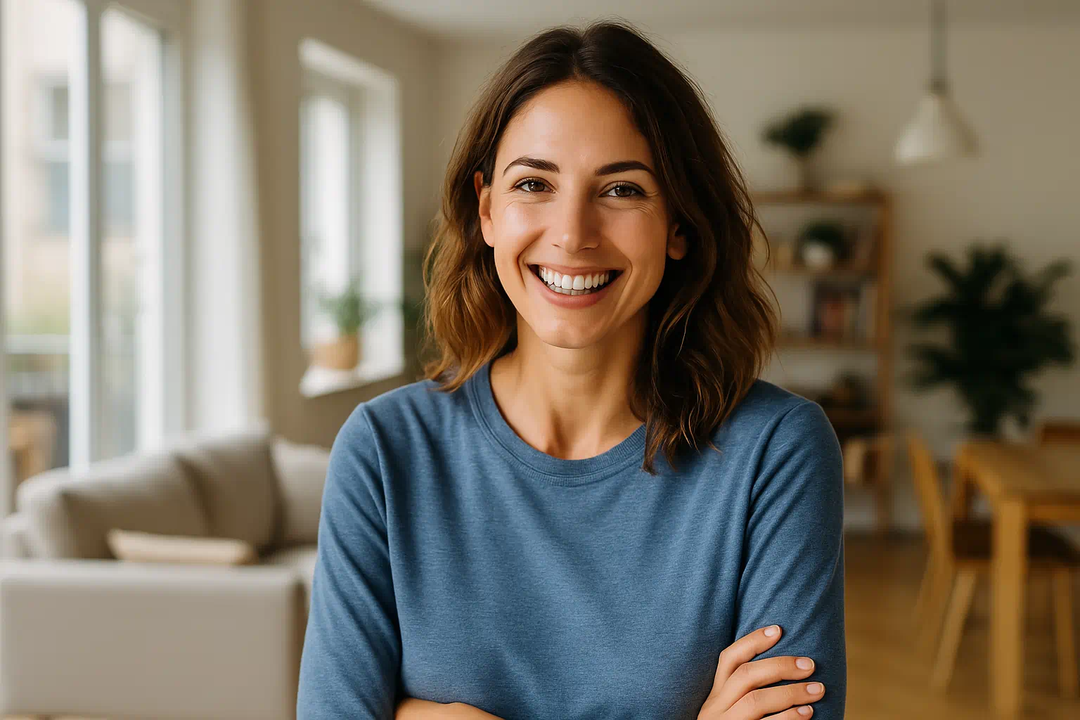 Freundliche junge Frau lächelt in moderner, heller Umgebung und symbolisiert entspannte Glaubwürdigkeit für gute und perfekte Ausreden. Freundliche junge Frau lächelt in moderner, heller Umgebung und symbolisiert entspannte Glaubwürdigkeit für gute und perfekte Ausreden.