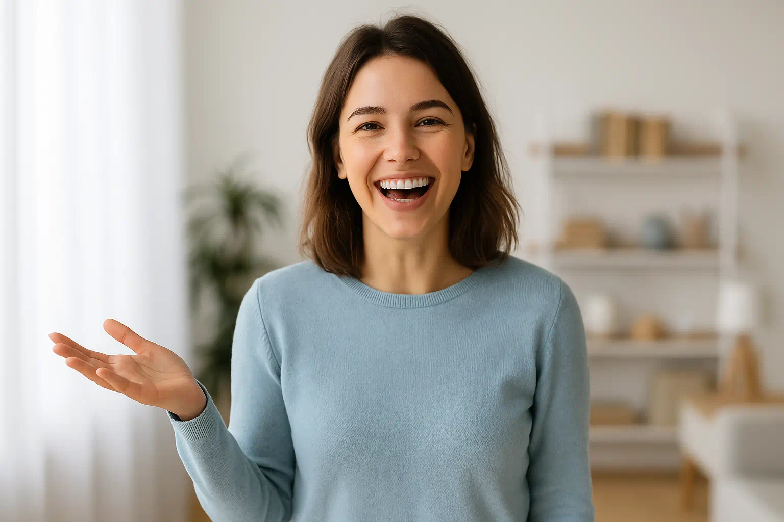 Freundliche junge Frau lächelt in heller, moderner Umgebung und symbolisiert entspannte Glaubwürdigkeit für professionelle Ausreden. Freundliche junge Frau lächelt in heller, moderner Umgebung und symbolisiert entspannte Glaubwürdigkeit für professionelle Ausreden.