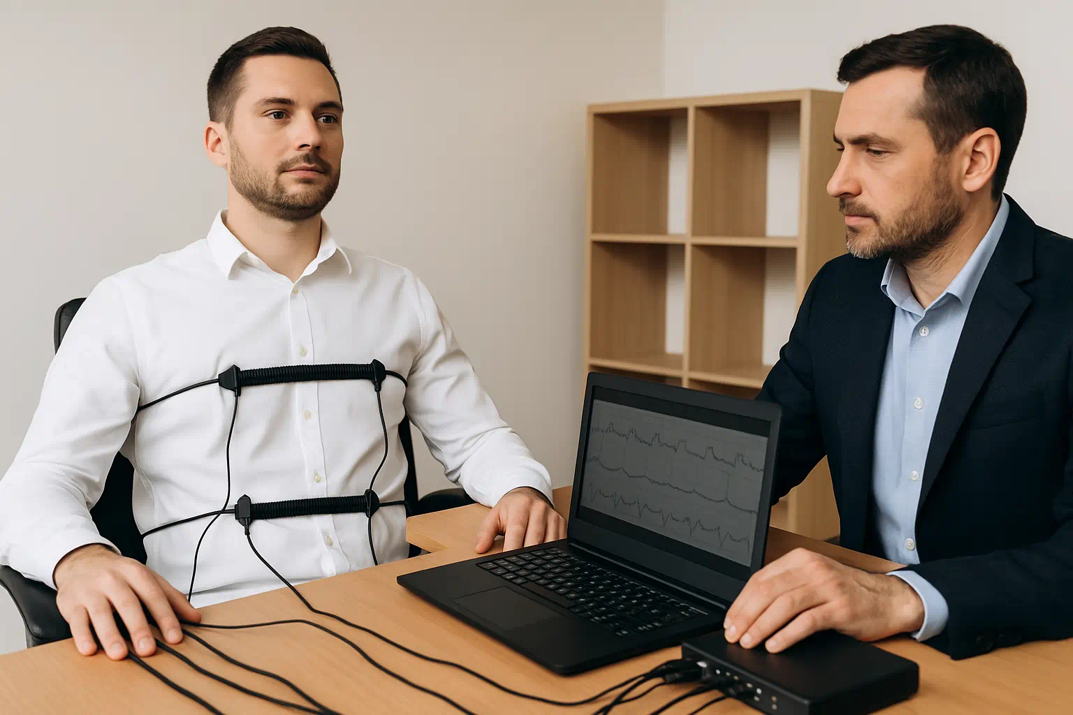 Mann bei einem professionellen Lügendetektortest mit Kabeln und Sensoren, Prüfer im Sakko überwacht die Ergebnisse am Laptop. Mann bei einem professionellen Lügendetektortest mit Kabeln und Sensoren, Prüfer im Sakko überwacht die Ergebnisse am Laptop.