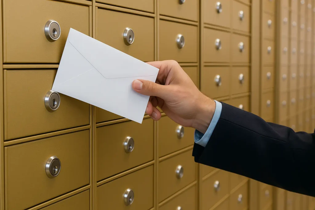 Hand entnimmt weißen Brief aus goldenen Schließfächern – Symbol für gemietete Postadresse oder Briefkastenadresse