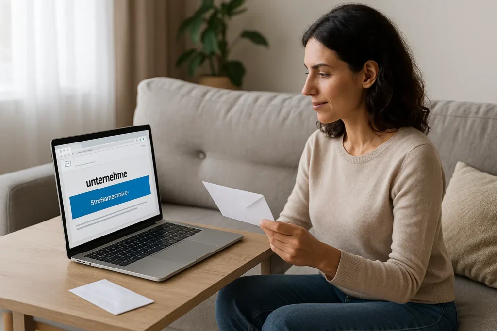 Frau sitzt entspannt auf dem Sofa mit Laptop und Brief – Symbol für die Trennung von privater Postadresse und geschäftlicher Adresse.