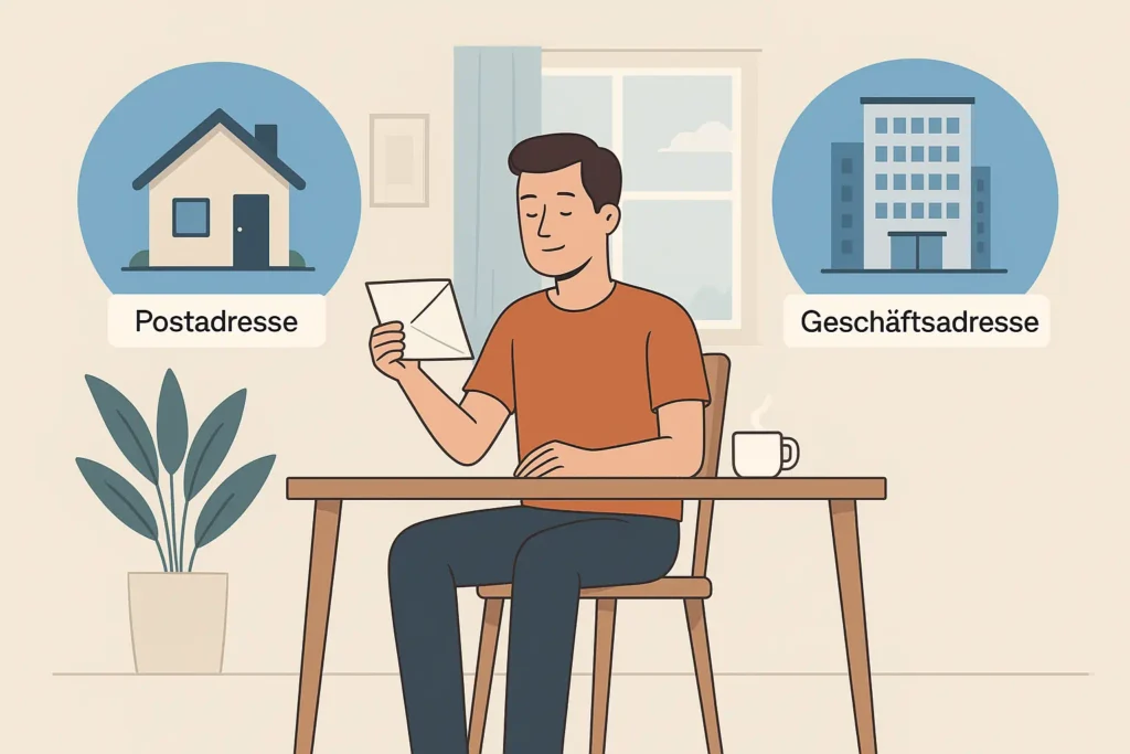 Illustration eines Mannes am Tisch, der einen Brief liest, mit Symbolen für Postadresse und Geschäftsadresse – Trennung von privat und geschäftlich.