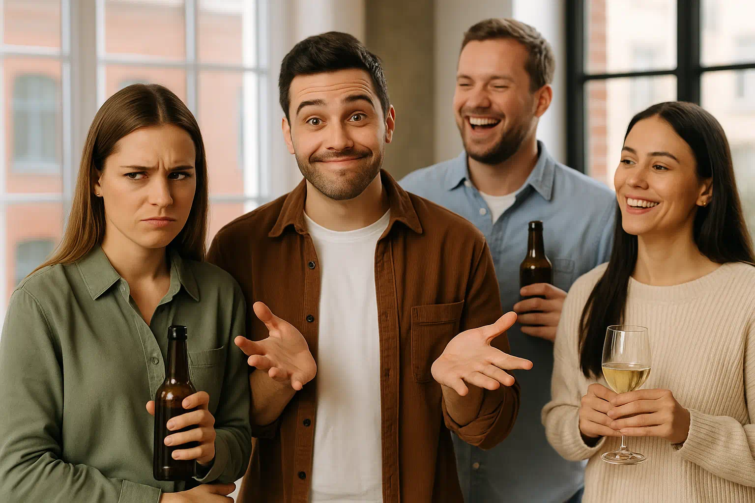 Gruppe von Freunden auf einer Party; ein Mann hebt entschuldigend die Hände, während eine Frau verärgert wirkt – symbolische Szene für ein peinliches Missgeschick im Freundeskreis und den Einsatz eines Sündenbocks.